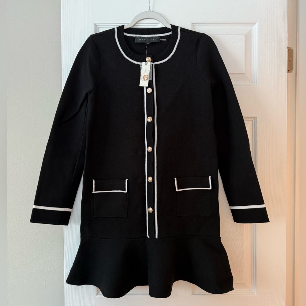 NWT Anthropologie Black Mini Dress with White Trim Gold Accents